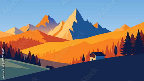 Colorful Autumn Mountain Landscape with Cozy Cabin and Pine Forest Illustration
