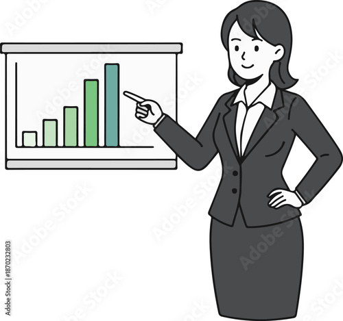 Woman Business Data Explanation, Explaining Chart, Presentation Graph Concept Flat Cartoon Illustration Style