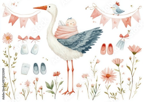 tender watercolor scene of a stork carrying a swaddled newborn surrounded by pastel bunting, a small bird, baby shoes and booties, bows and delicate pink wildflowers, joyful and whimsical