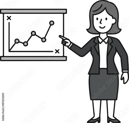 Woman Business Data Explanation, Explaining Chart, Presentation Graph Concept Flat Cartoon Illustration Style