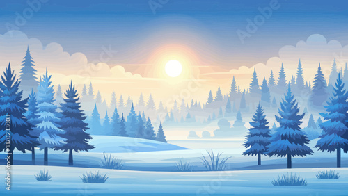 Winter Sunrise Over Snow Covered Forest Landscape