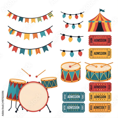 A vibrant collection of carnival and circus elements, including colorful flags, string lights, a striped tent, drums, and various admission tickets.