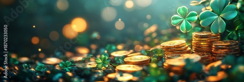 Shamrocks and stacked gold coins emerging from a field of clover, celebrating st. Patrick's day with luck and fortune