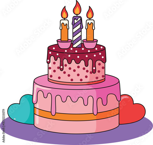Two tier pink birthday cake vector illustration with purple drip frosting and lit candles for celebration designs.