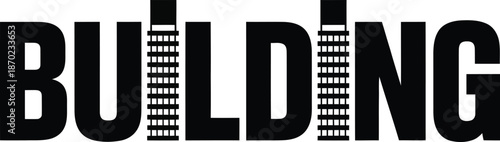 Bold Black Text "BUILDING" with Stylized Skyscraper