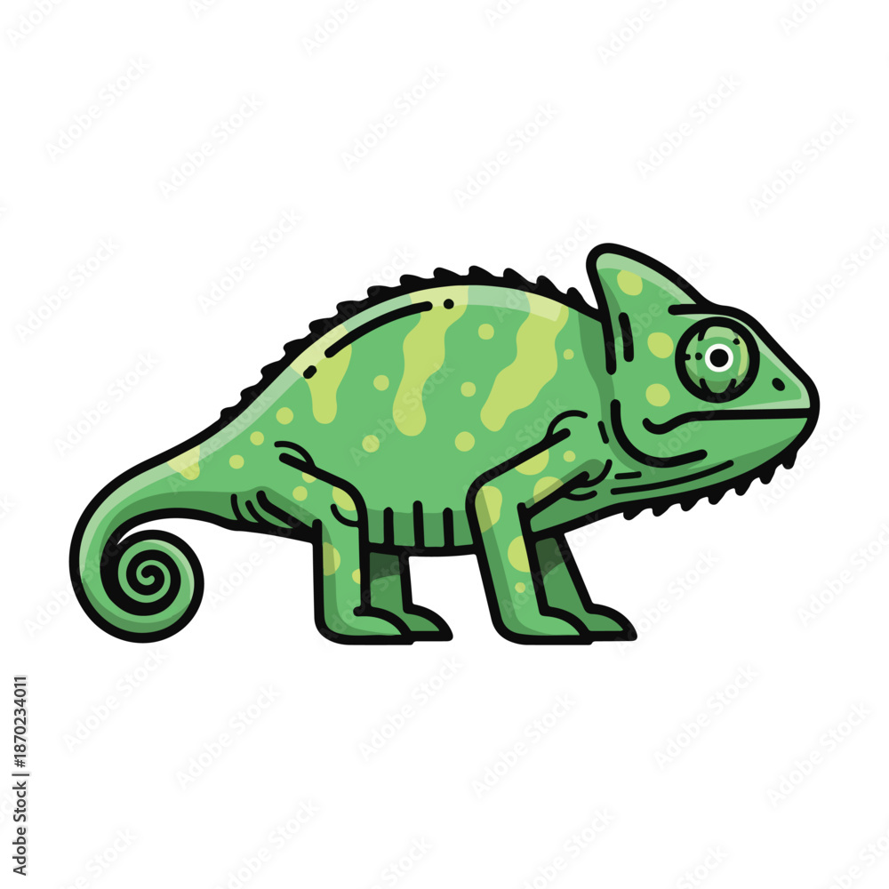 Obraz premium Cute cartoon green chameleon and baby lizard character illustration featuring a fun reptile dragon and wildlife nature art isolated on white