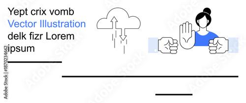 Data storage, cloud computing, personal boundaries, technology communication, teamwork, conflict mediation. Cloud sending data upward. Person making a stop gesture. Data storage and boundary-setting