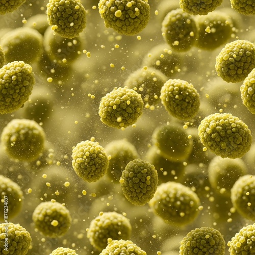 Tampilan mikroskopis partikel virus berwarna kuning yang melayang di udara.