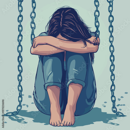 Unhappy woman chained with weight sitting hugging her knees