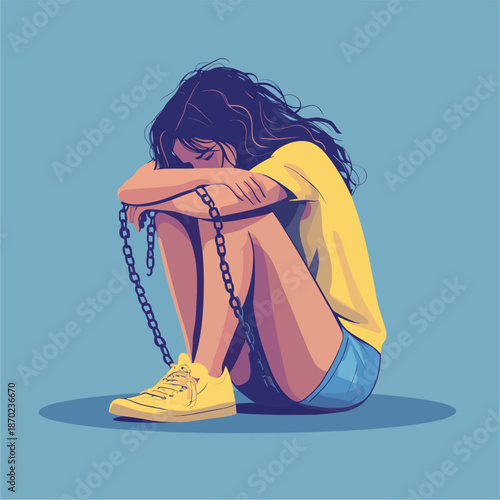 Unhappy woman chained with weight sitting hugging her knees