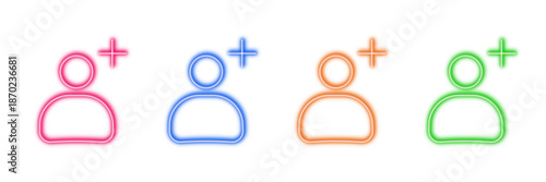 Neon glowing add user vector icons set, profile, account, member, friend, social network, vibrant colorful digital design illustration on transparent background.