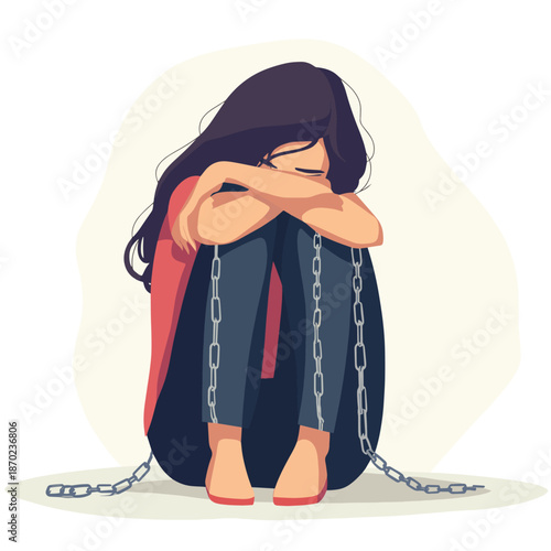 Unhappy woman chained with weight sitting hugging her knees