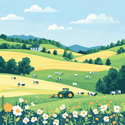 Farm land with combine harvester, cows in pasture, tractor and agricultural field