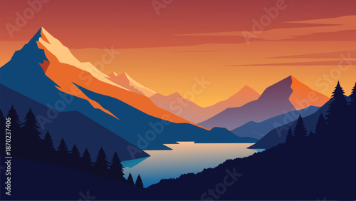 Sunset Mountain Lake Landscape with Alpine Peaks and Pine Forest Illustration