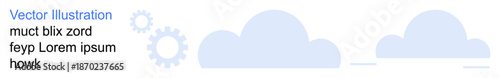 Cloud computing, data management, technology systems, software development, innovation, and storage solutions. Minimal flat design with clouds, gears and placeholder text. Cloud computing and data