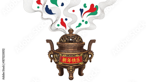 Chinese Censer with Smoke and Chinese Characters.