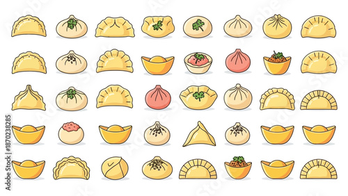 assorted dumplings icons set.