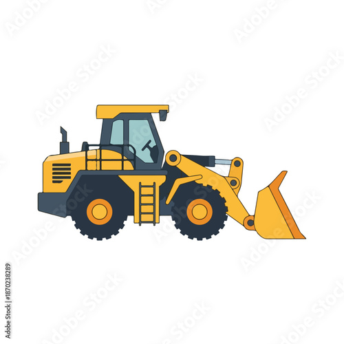Heavy construction equipment like this yellow bulldozer is isolated on a white background