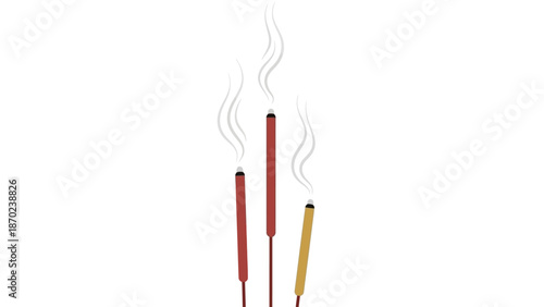 Incense sticks with smoke on white background.