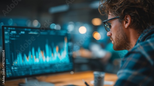 Professional studying financial growth data in modern office, clean stock style