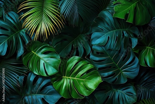Wallpaper Mural Close-up view of dense green tropical monstera and palm leaves with vibrant shades and detailed textures creating a lush natural atmosphere Torontodigital.ca