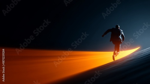 Silhouette of a business runner sprinting toward a bright future horizon, abstract growth arrow, inspirational corporate success concept.