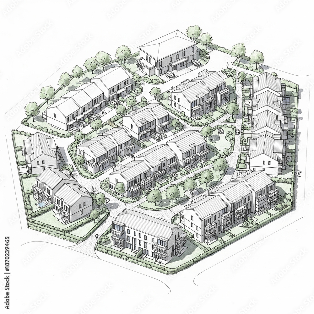 Fototapeta premium An intricate architectural master plan sketch illustrating a vibrant residential cluster design, showcasing modern townhouses and apartment buildings nestled within a cohesive community layout