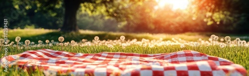 Wallpaper Mural Red and white checkered picnic blanket spread on green grassy field with dandelions and warm sunlight filtering through trees in the background Torontodigital.ca