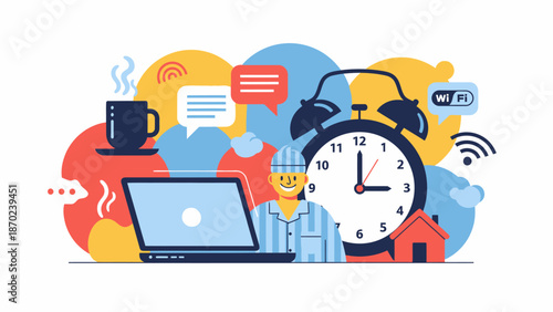 Alarm Clock and Laptop with Coffee.