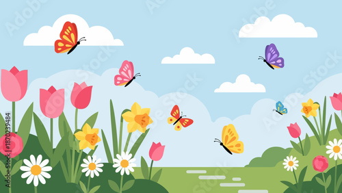 Colorful Butterflies Flying Around Vibrant Flowers.