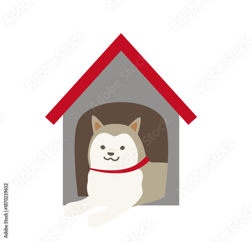 犬小屋に入っている柴犬のイラスト素材