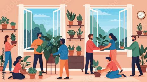 Group of People Planting Indoor Plants Together.