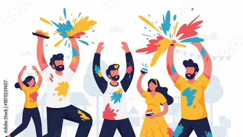 Group of People Celebrating with Colorful Powder.