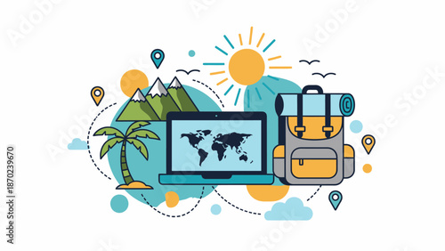 Laptop and Luggage Travel Planning Concept.