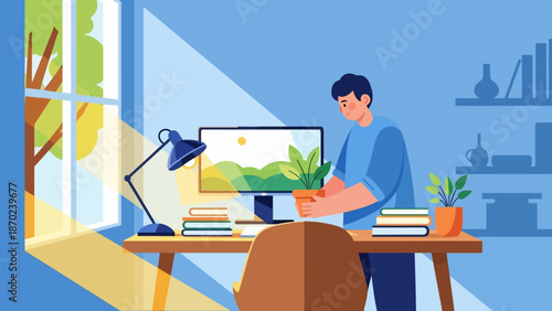 Man working at desk with plants.