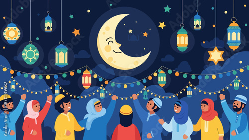 People Celebrating Ramadan Under Crescent Moon.