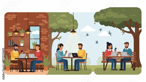 People Working and Relaxing Outdoors Together.