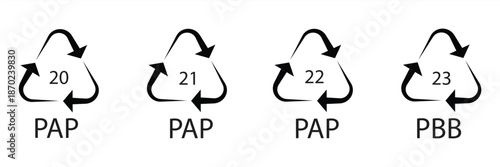 Paper recycling code icon set. recycling codes 20, 21, 22, 23. pap recycling symbols. plastic, recycle, symbol, code, icon.