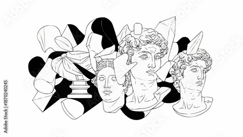 Abstract composition of classical sculpture busts and geometric shapes.