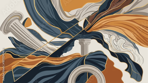 Abstract flowing shapes with architectural elements in warm colors.