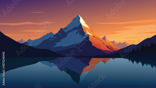 Breathtaking Sunset Mountain Reflection on Calm Lake with Alpine Peaks Illustration