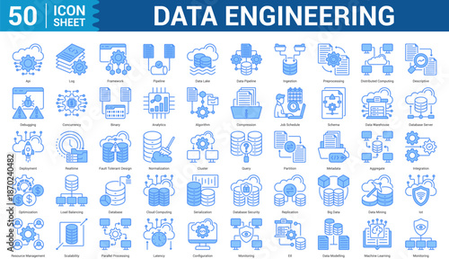 Data Engineering blue style icon set concept log, framework, pipeline, data lake, data pipeline, ingestion, preprocessing, and more. Illustration Eps 10