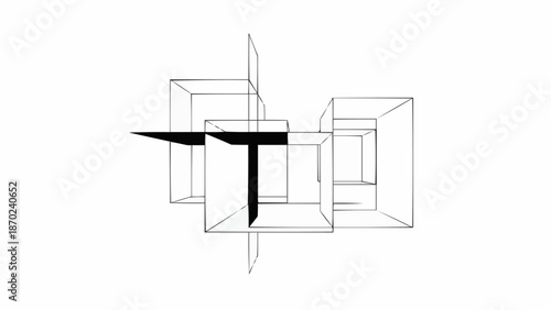 Abstract architectural sketch of intersecting geometric shapes.