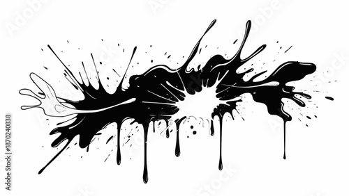 Abstract black ink splash with droplets and splatters.