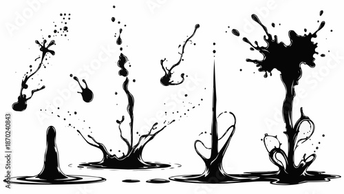 Abstract Black Ink Splashes and Drops Collection.
