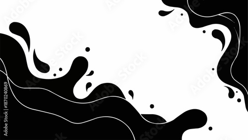 Abstract Black Liquid Splashes and Waves on White Background.