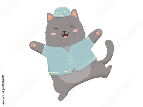 Cute Cartoon Muslim Cat Character Wearing Kufi Hat and Blue Baju Koko Shirt for Ramadan and Eid Mubarak Celebration