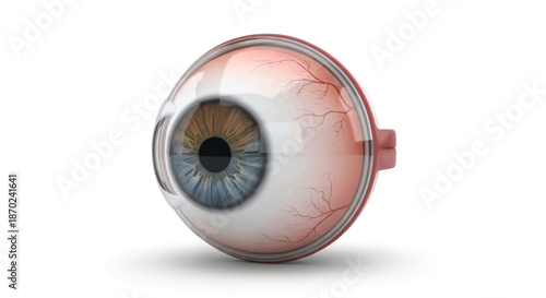 Close-up of a realistic human eyeball showing iris, pupil, and sclera with visible blood vessels on a white background