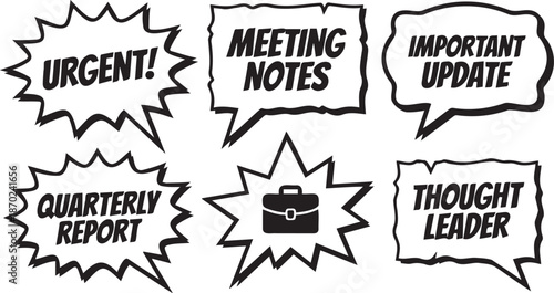 Set of 6 Black and White Comic Style Business Speech Bubbles with Text and Briefcase Icon