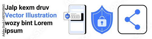 Online security, data privacy, connection sharing, digital protection, secure login, internet safety. Smartphone with login alert, shield with lock connection symbol. Online security and data